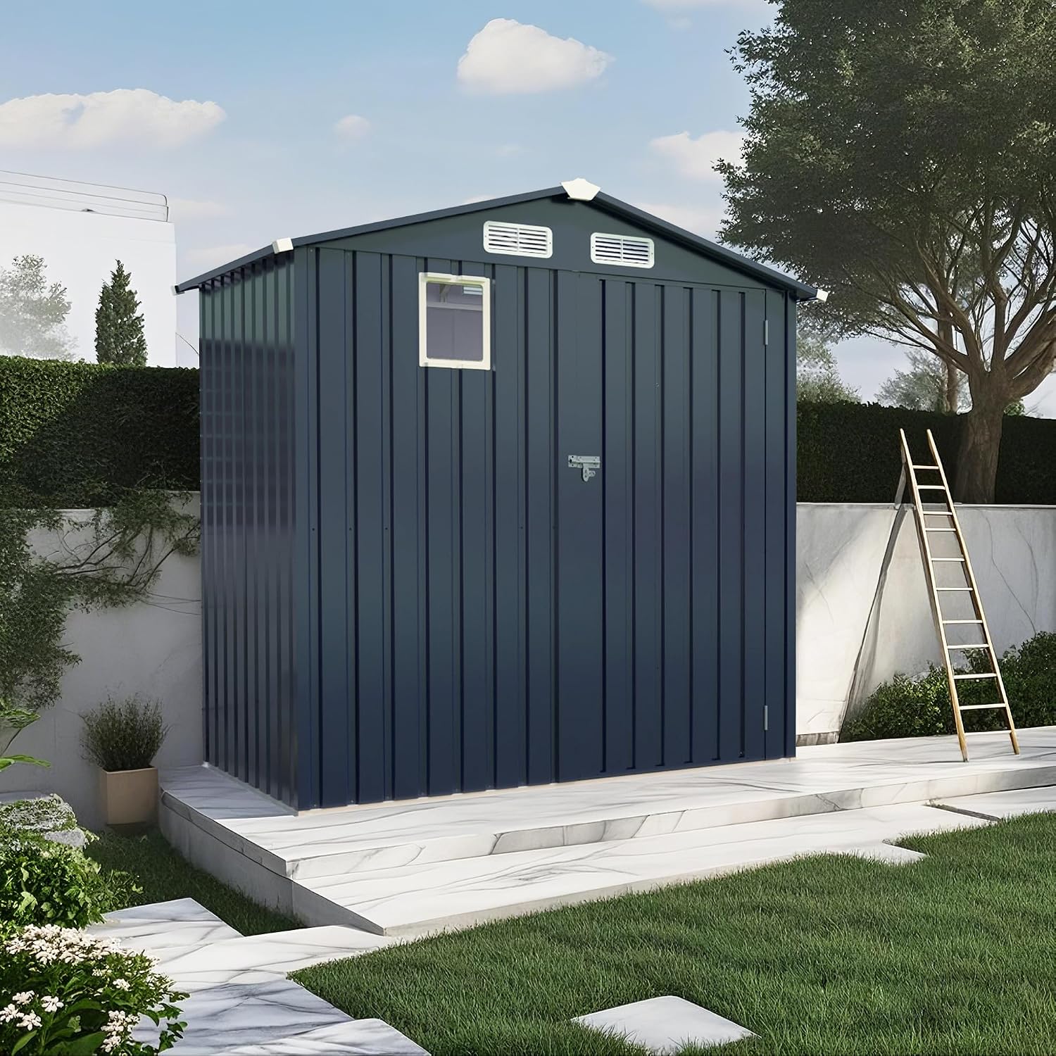 Metal Storage Shed, 6X3.6 FT Lockable Outdoor Tool Shed with Air Vent and Clear Windows, Galvanized Steel Garden Shed for Backyard, Patio, Garden, Bike Storage or Outdoor Use, Grey