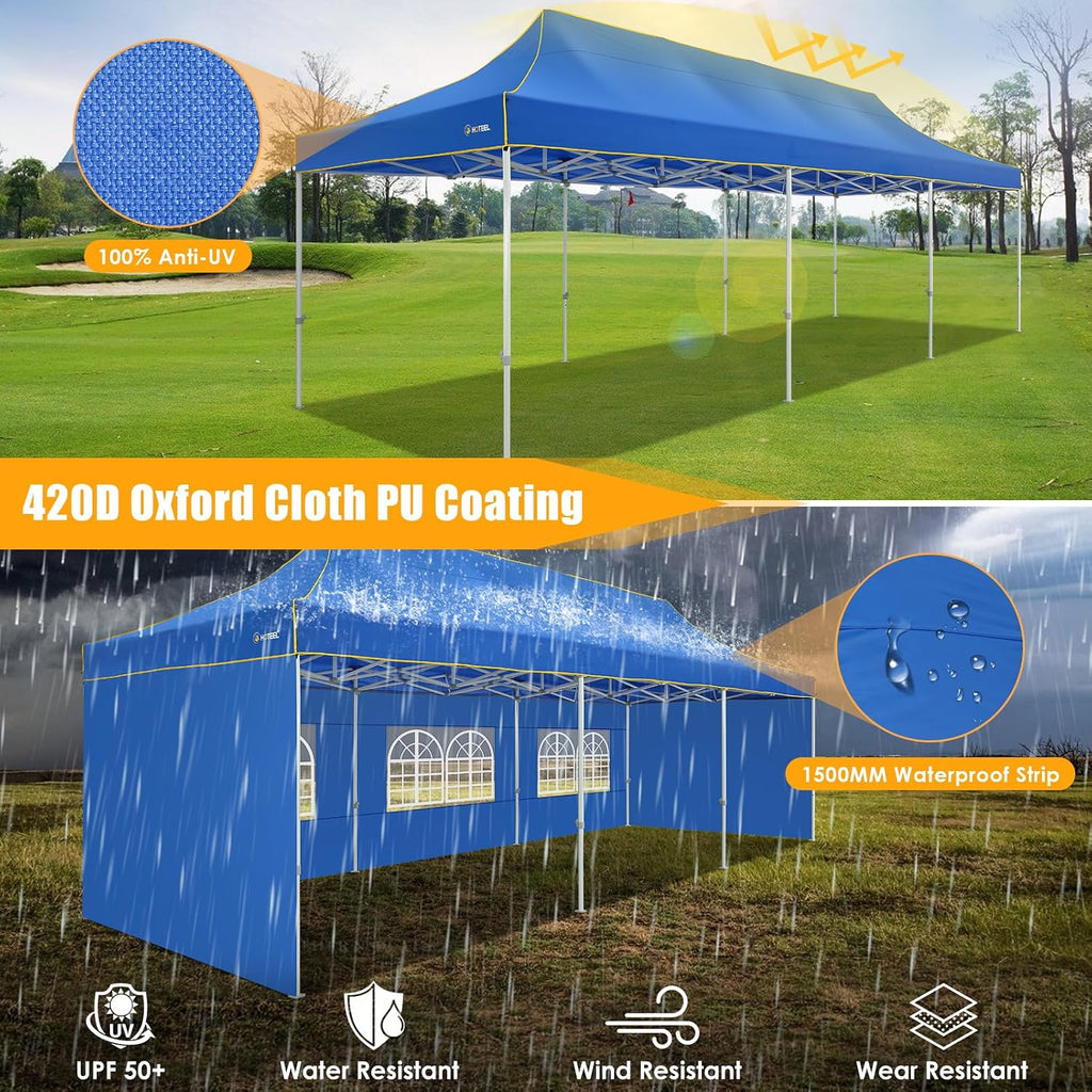 HOTEEL 10x30 Heavy Duty Pop Up Canopy Tent with 5 Sidewalls&Wheeled Bag, Commercial Event Party Tent Wedding Instant Canopy Waterproof, Upgraded Thicked Hexagonal Legs, UV 50+, Blue