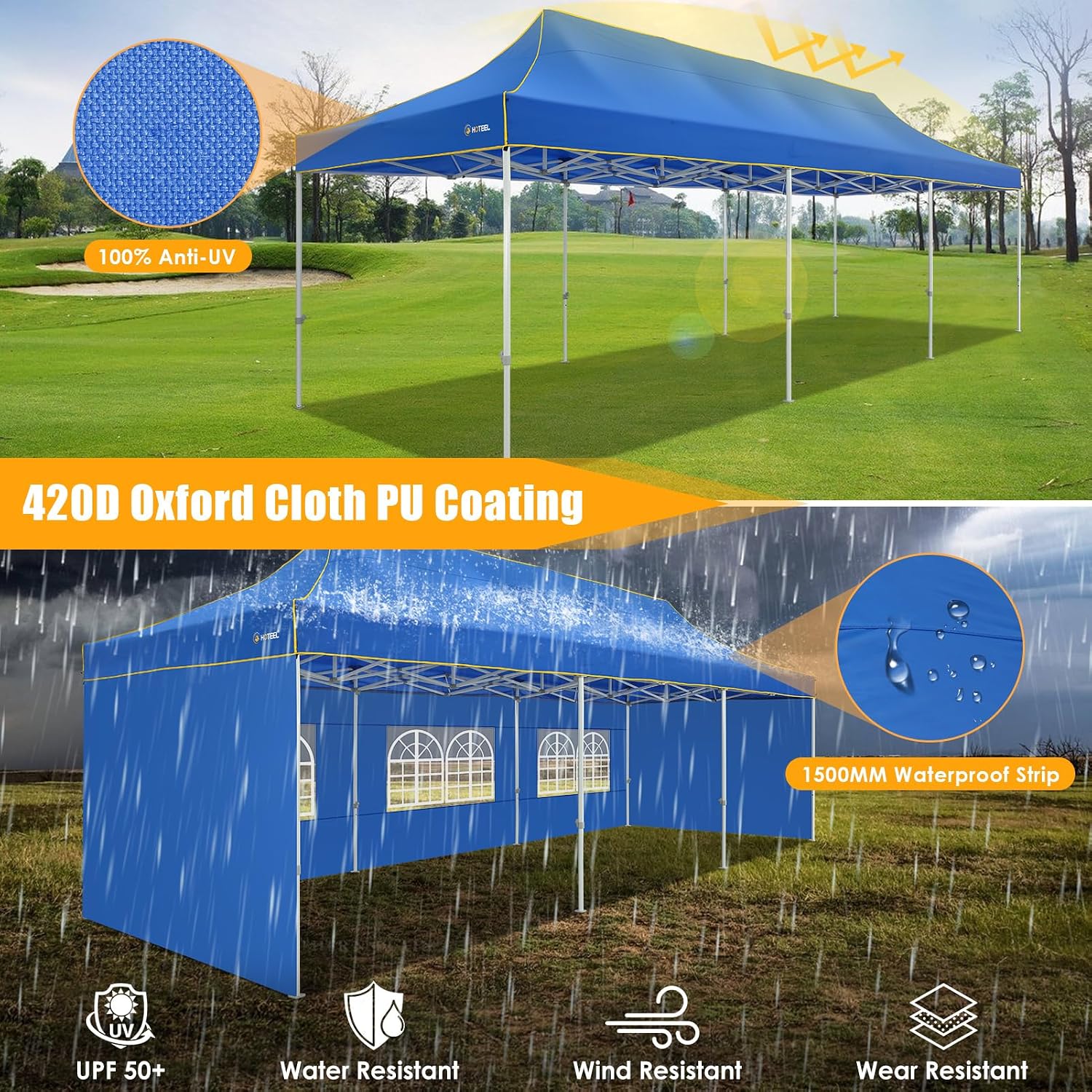 HOTEEL 10x30 Heavy Duty Pop Up Canopy Tent with 5 Sidewalls&Wheeled Bag, Commercial Event Party Tent Wedding Instant Canopy Waterproof, Upgraded Thicked Hexagonal Legs, UV 50+, Blue