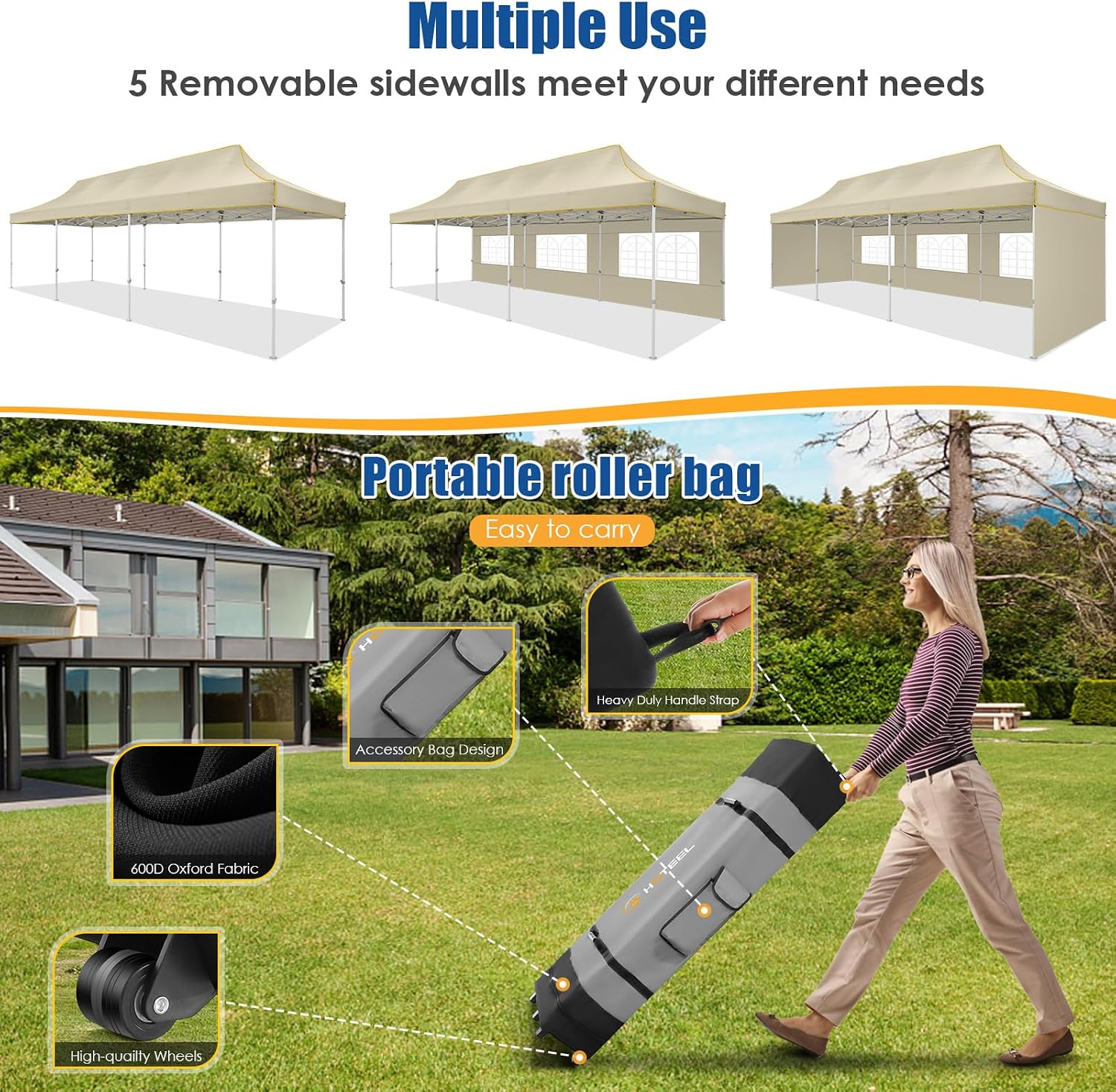 HOTEEL 10x30 Pop up Canopy Tent for Parties, Heavy Duty Easy Setup Tent with 5 Sidewalls, Outdoor Commercial Instant Gazebo for Wedding Event, with Roller Bag & Sand Bags, Khaki(Hexagonal Frame)