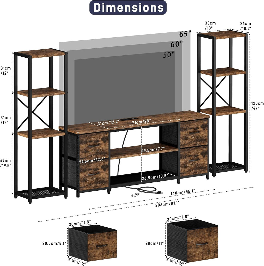 LED TV Stand Bookshelf Combo with Charging Station for 65 60 55 Inch TV, Entertainment Center with Lights & Drawers, Industrial Media TV Console Table for Living Room Bedroom Office, Rustic Brown