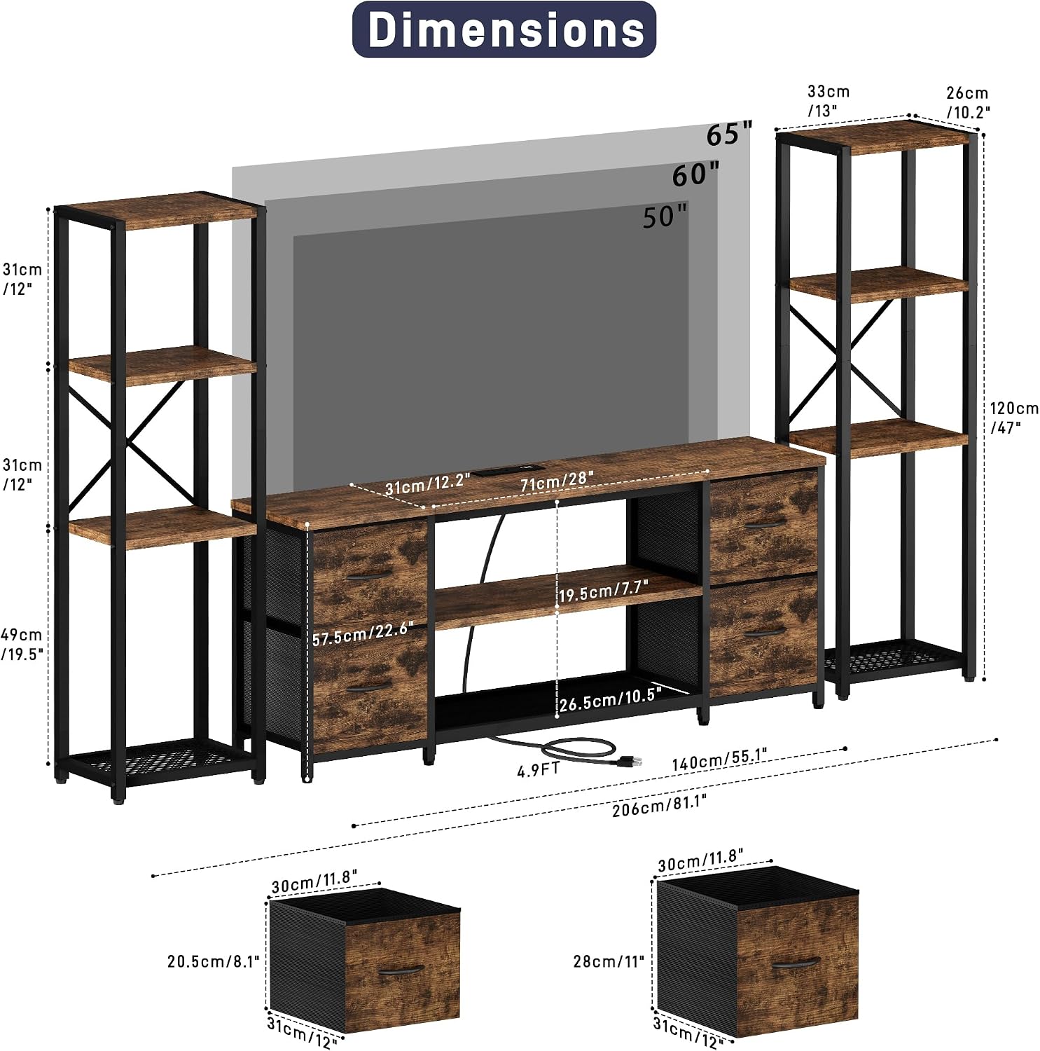 LED TV Stand Bookshelf Combo with Charging Station for 65 60 55 Inch TV, Entertainment Center with Lights & Drawers, Industrial Media TV Console Table for Living Room Bedroom Office, Rustic Brown
