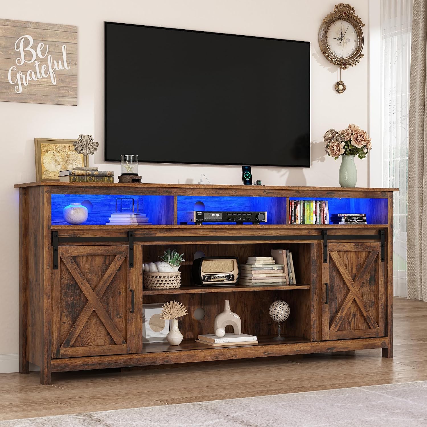 57' LED Farmhouse TV Stand for 65/60/55 Inch TVs,Tall Entertainment Center Storage Cabinets w/Power Outlets and Sliding Barn Door,Rustic TV Stands for Living Room,Media Console Cabinet (Brown)