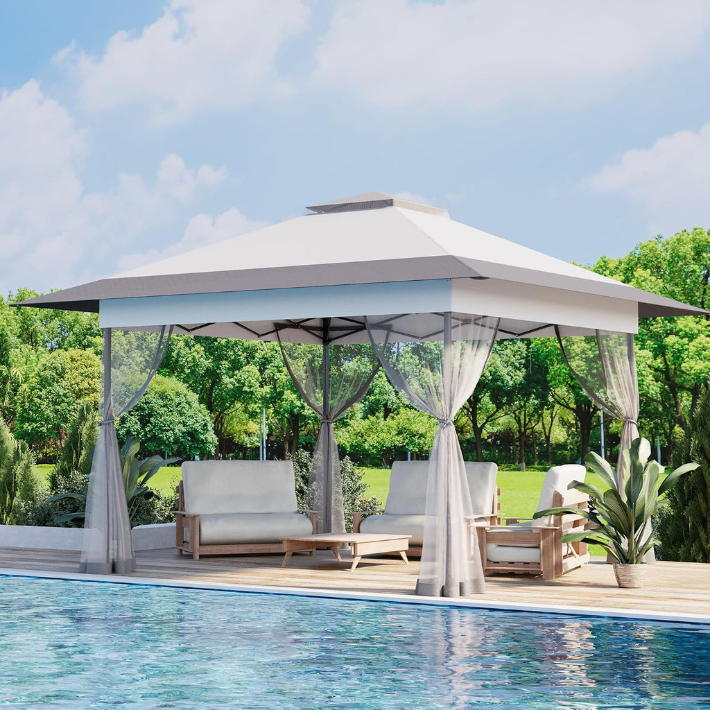 Bezseller 13x13 Pop Up Gazebo with Mosquito Netting – Easy 1-Person Setup, Water-Resistant Backyard Canopy for Family Patio & Garden Use,Light Grey