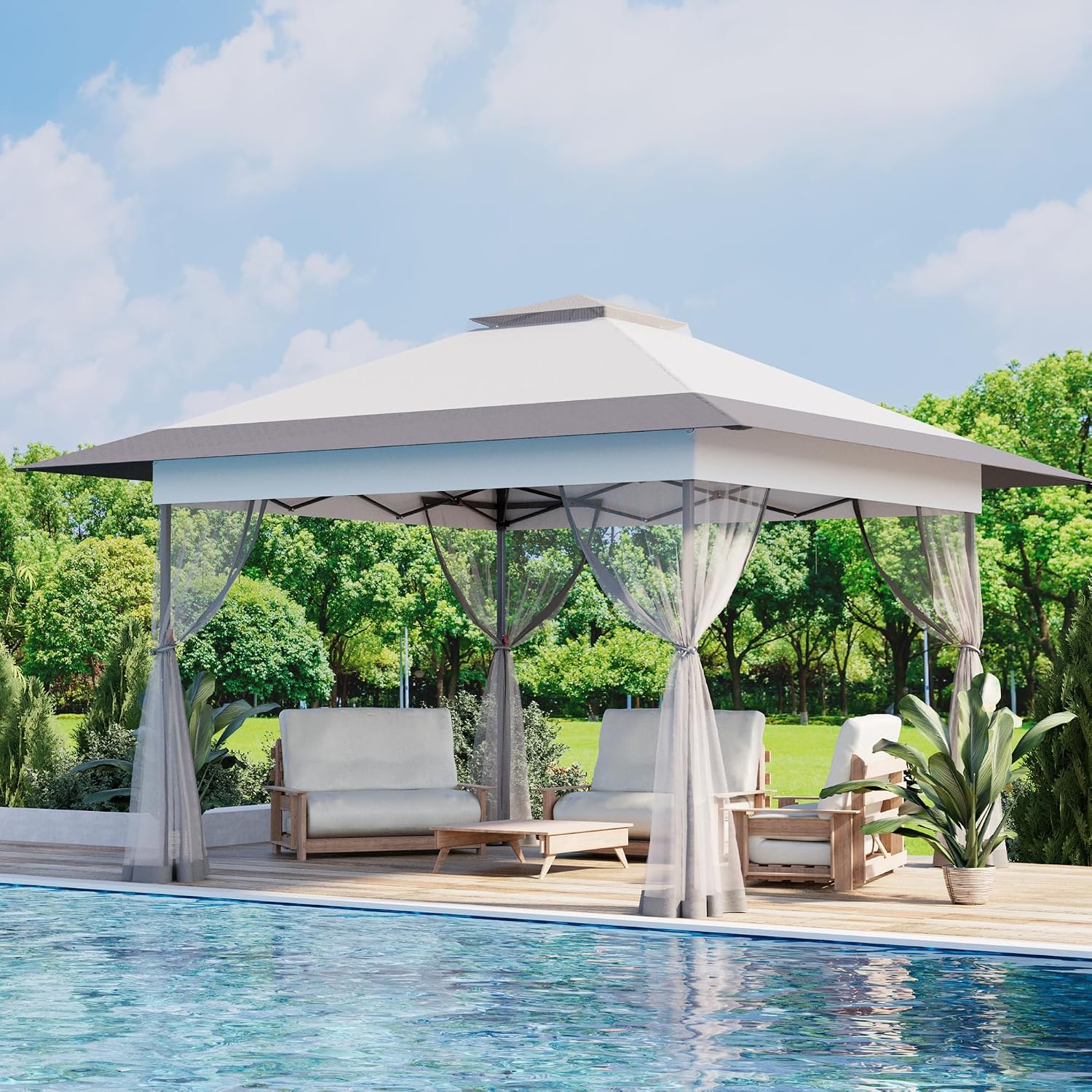 Bezseller 13x13 Pop Up Gazebo with Mosquito Netting – Easy 1-Person Setup, Water-Resistant Backyard Canopy for Family Patio & Garden Use,Light Grey