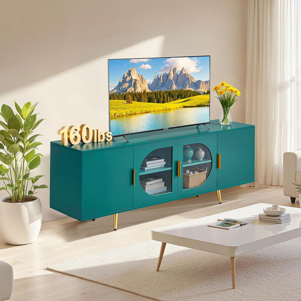 VEVOR TV Stand for TVs up to 75 inch, Modern Entertainment Center with Glass Doors and Gold Legs, TV Storage Cabinet with Adjustable Shelves, Wood Media Console for Living Room and Bedroom, Dark Green