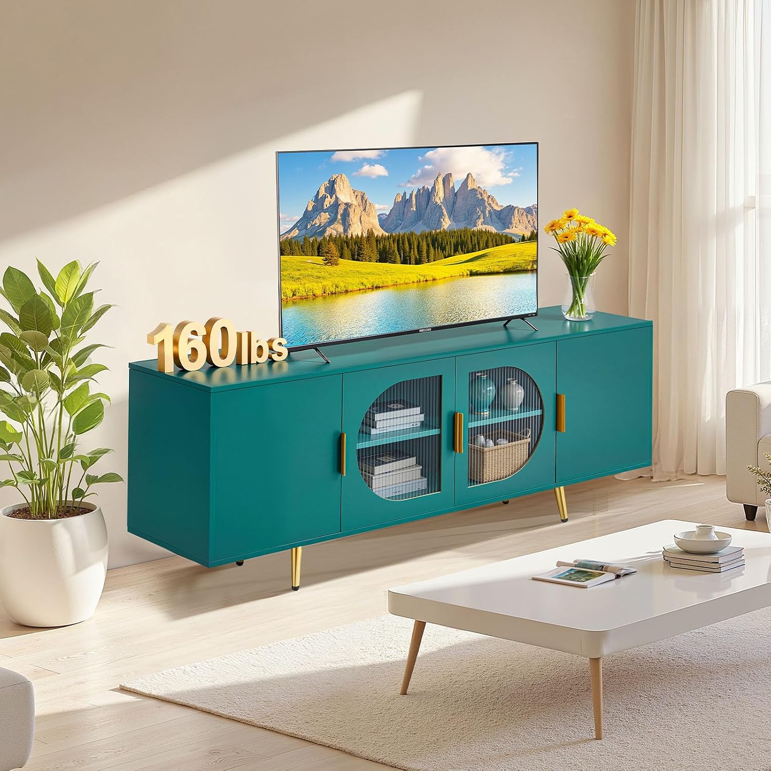 VEVOR TV Stand for TVs up to 75 inch, Modern Entertainment Center with Glass Doors and Gold Legs, TV Storage Cabinet with Adjustable Shelves, Wood Media Console for Living Room and Bedroom, Dark Green