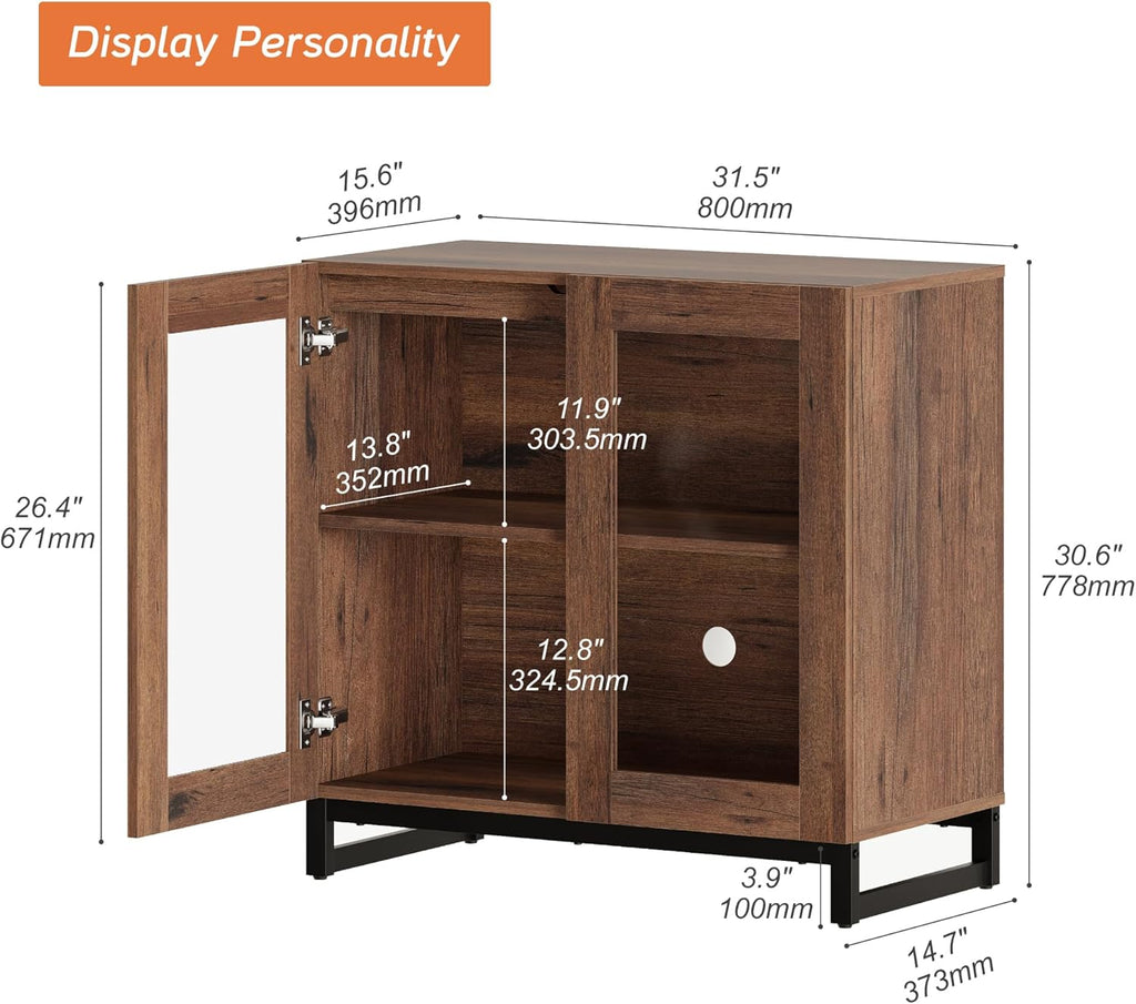 WAMPAT Modern TV Stand with Glass Doors for 26-40 inch TVs, Entertainment Center Console with Adjustable Shelves and Metal Base for Living Room, Bedroom, Brown