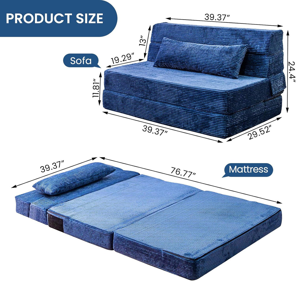 Cvortll Folding Sofa Bed, Convertible Sleeper Chair with Pillow, High Density Memory Foam Fold Out Couch, Foldable Mattress Futon Sofa for Living Room/Dorm/Guest Use/Apartment/Home Office