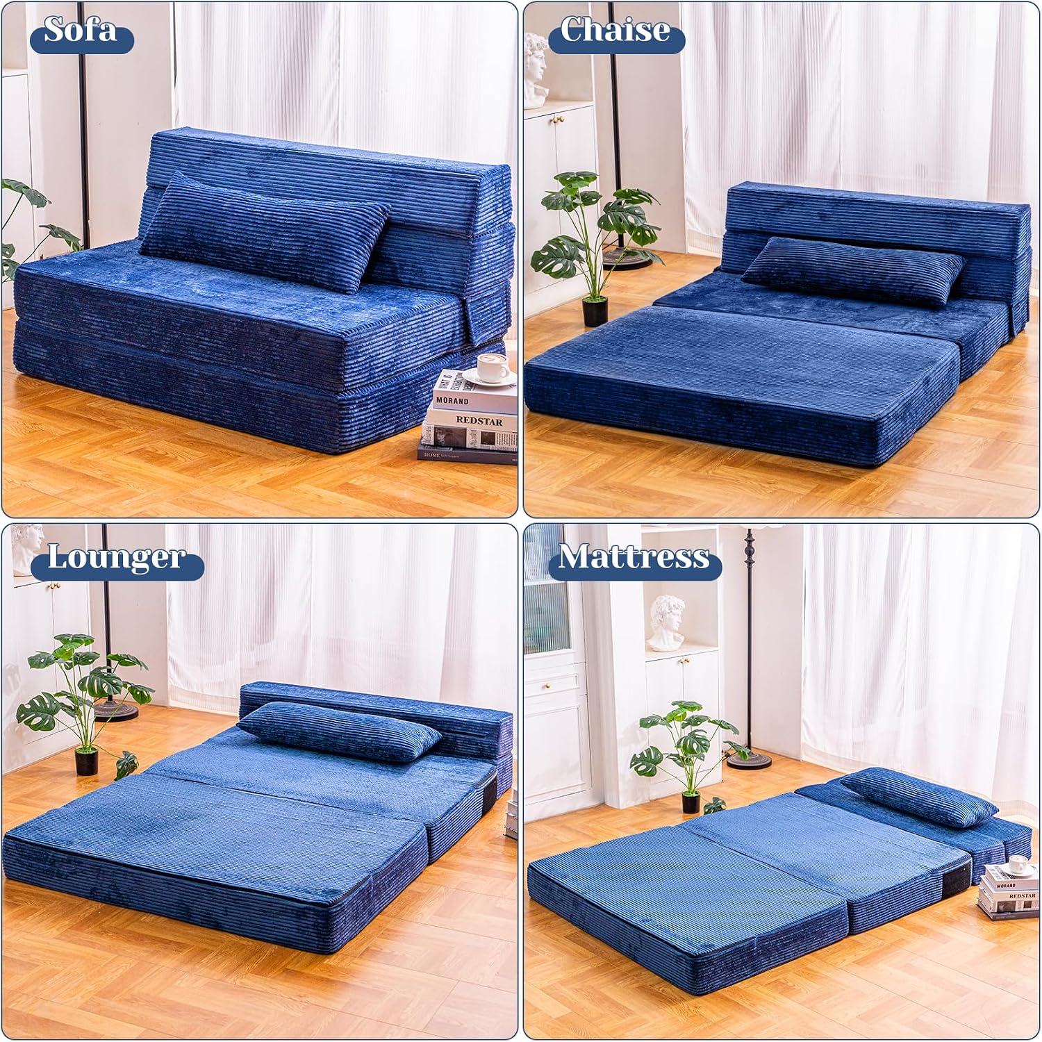 Cvortll Folding Sofa Bed, Convertible Sleeper Chair with Pillow, High Density Memory Foam Fold Out Couch, Foldable Mattress Futon Sofa for Living Room/Dorm/Guest Use/Apartment/Home Office