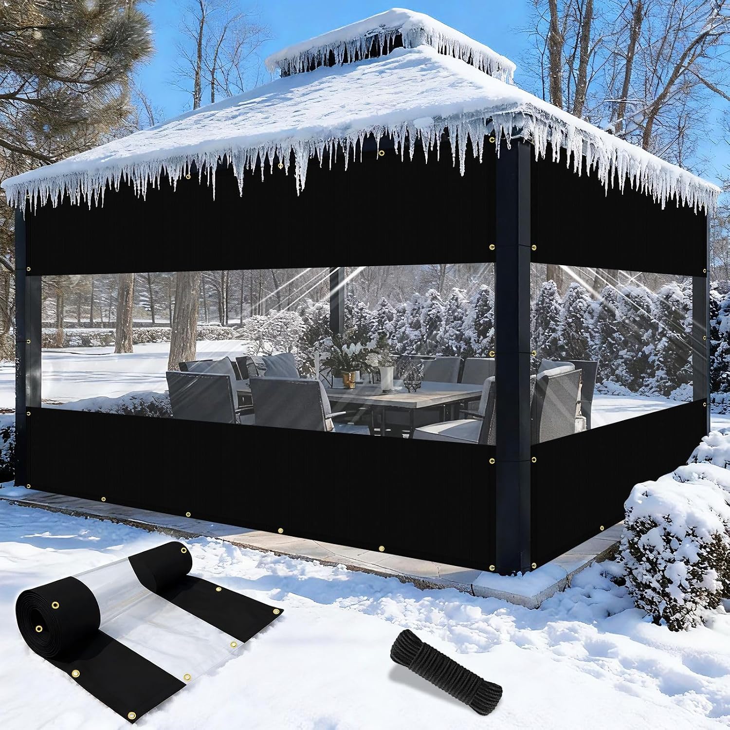 Shade&Beyond Outdoor Vinyl Curtain Customized Size, 7'W x 12'L Heavy-Duty Waterproof Clear Panel with Grommets, Privacy Clear Tarp UV-Resistant for Patio Enclosure Pergola Porch Gazebos, Black