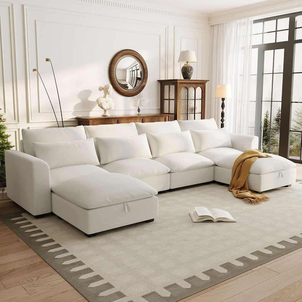 LUMISOL U-Shaped Sectional Sofa with Movable Ottomans, 131.9' Upholstered Modular Sofa Linen Blend Fabric Couch with Storage Ottomans, for Living Room Home Theaters Apartment, Beige