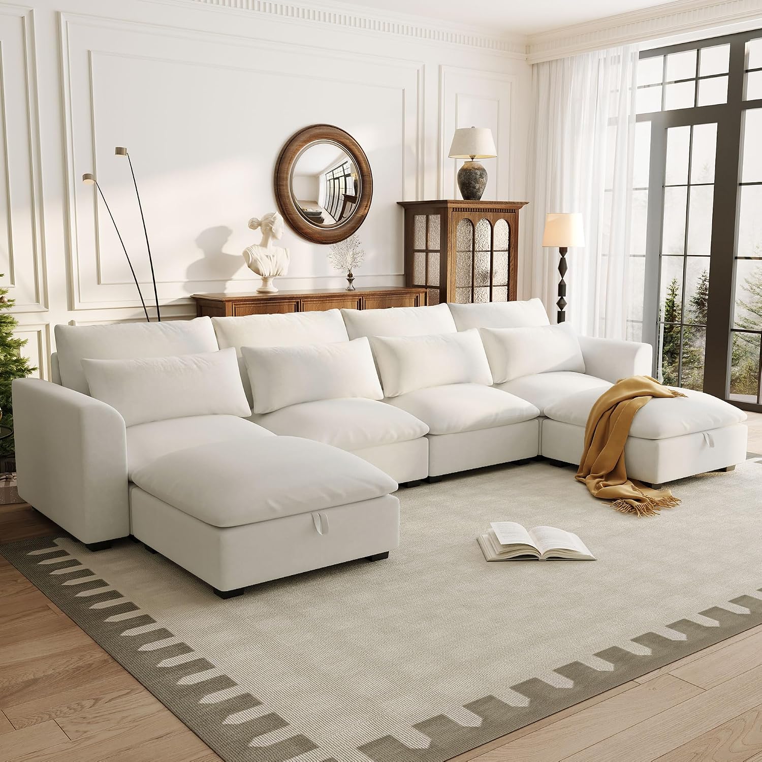 LUMISOL U-Shaped Sectional Sofa with Movable Ottomans, 131.9' Upholstered Modular Sofa Linen Blend Fabric Couch with Storage Ottomans, for Living Room Home Theaters Apartment, Beige