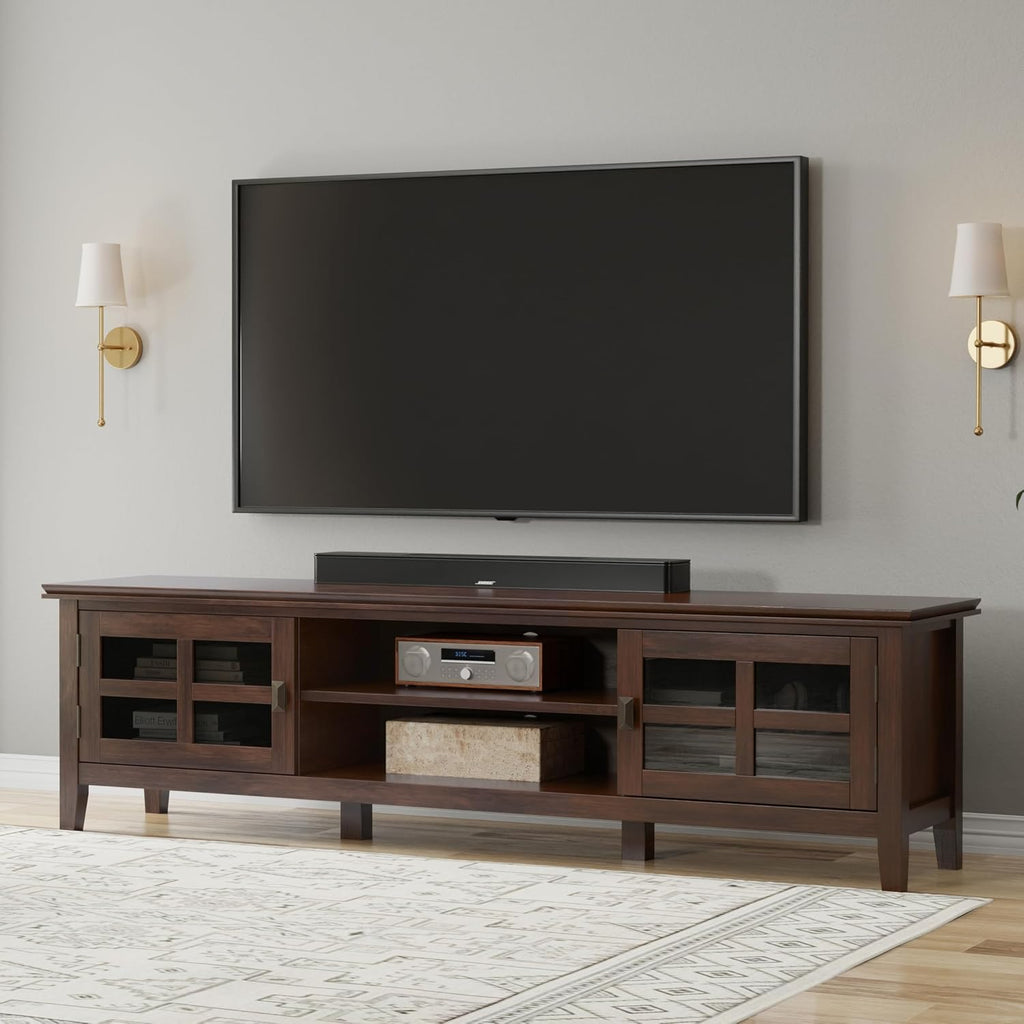 SIMPLIHOME Artisan TV Stand - 72 inch Wide Solid Wood Low Media Console in Russet Brown, Transitional Entertainment Center for Living Room for TVs up to 80 Inches with Shelves and Cable Management