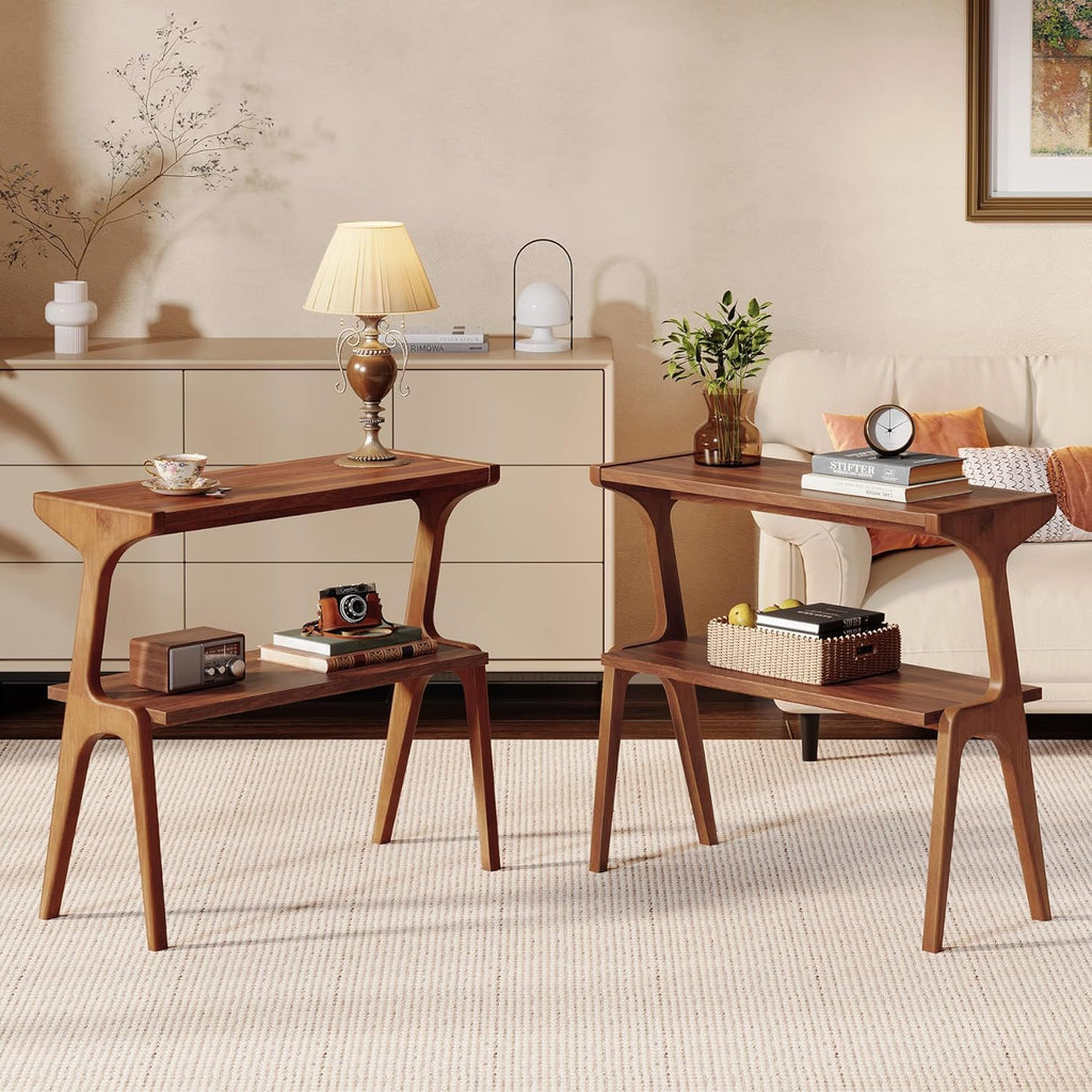 Set of 2 Solid Wood End Table, 2-Tier Side Table with Storage Shelf, Wooden Modern Accent Slim Bedside Table for Sofa, Living Room, Bedroom, Small Space, Easy Assembly, Rustic Brown