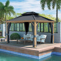 HAPPATIO 10' x 12' Hardtop Gazebo, Outdoor Wood Grain Frame Aluminum Gazebo, Double Roof Permanent Patio Canopy with Netting and Curtains for Garden, Patio, Lawns, Parties (Grey)