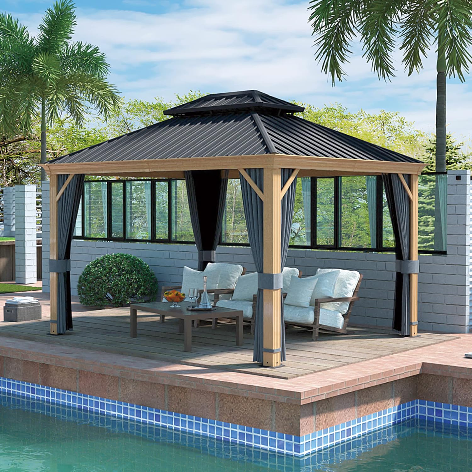 HAPPATIO 10' x 12' Hardtop Gazebo, Outdoor Wood Grain Frame Aluminum Gazebo, Double Roof Permanent Patio Canopy with Netting and Curtains for Garden, Patio, Lawns, Parties (Grey)