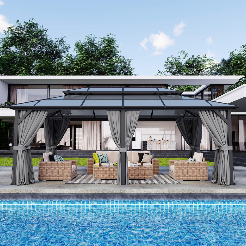 12 * 20ft Double Roof Gazebo with Dark Gray Polycarbonate Panels, Sturdy Aluminum Frame, Weather-Resistant Pavilion with Curtains for Outdoor Patio, Garden, and Backyard