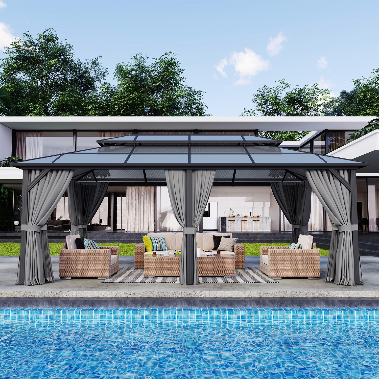 12 * 20ft Double Roof Gazebo with Dark Gray Polycarbonate Panels, Sturdy Aluminum Frame, Weather-Resistant Pavilion with Curtains for Outdoor Patio, Garden, and Backyard