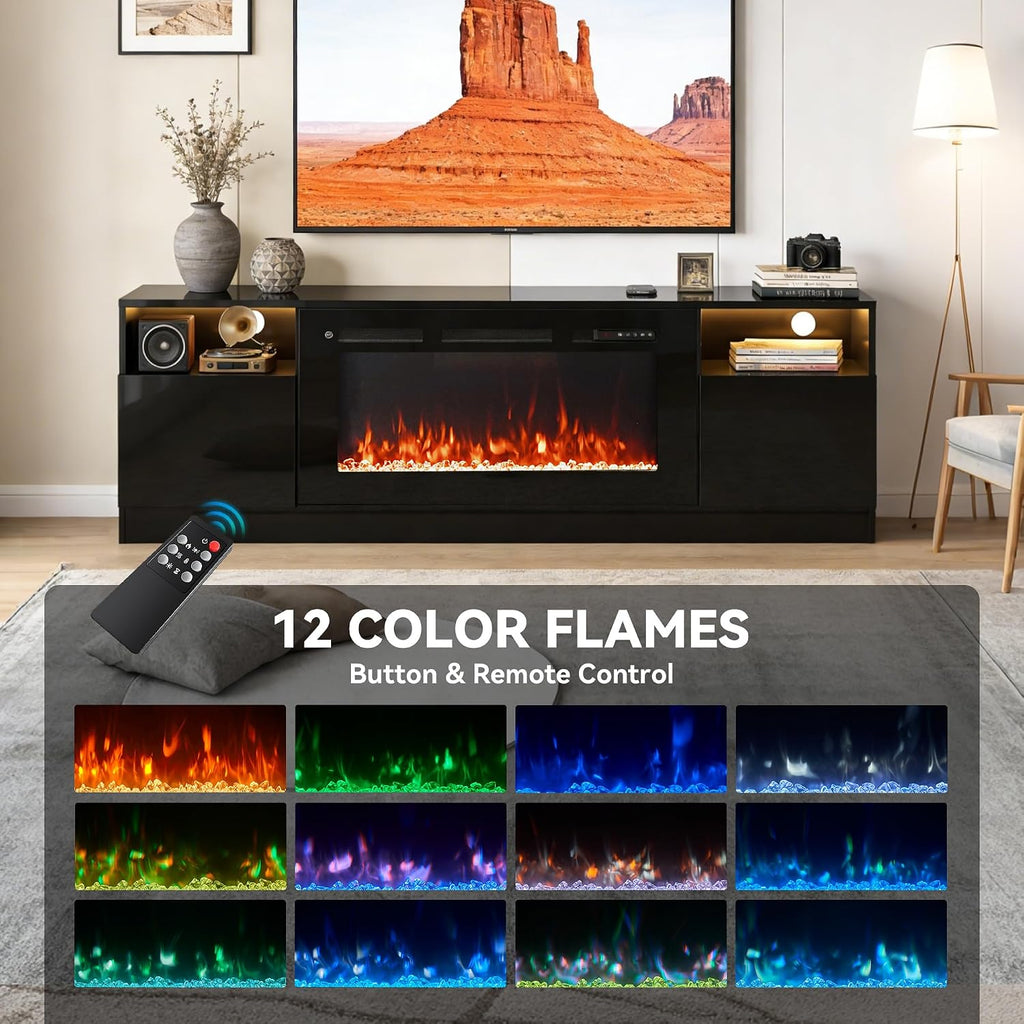 70' Fireplace TV Stand with 36' Electric Fireplace, LED Light Entertainment Center for TVs Up to 80', High-Gloss Door, Modern TV Console for Living Room with Storage Cabinet, Black+Black