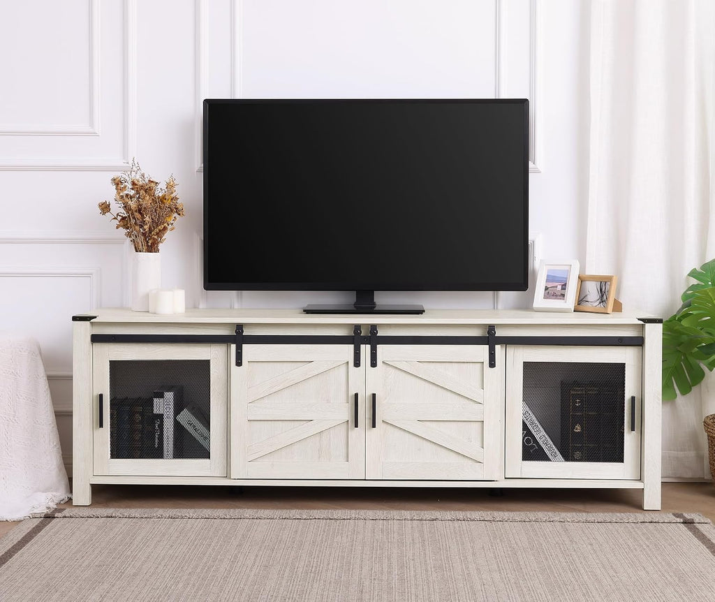 WAMPAT 70' Farmhouse TV Stand with Mesh Doors, Entertainment Center for 75' TV, Adjustable Shelves, 2 Storage Cabinets, Console Table for Living Room, Antique White