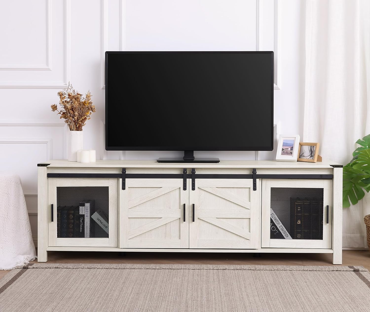 WAMPAT 70' Farmhouse TV Stand with Mesh Doors, Entertainment Center for 75' TV, Adjustable Shelves, 2 Storage Cabinets, Console Table for Living Room, Antique White