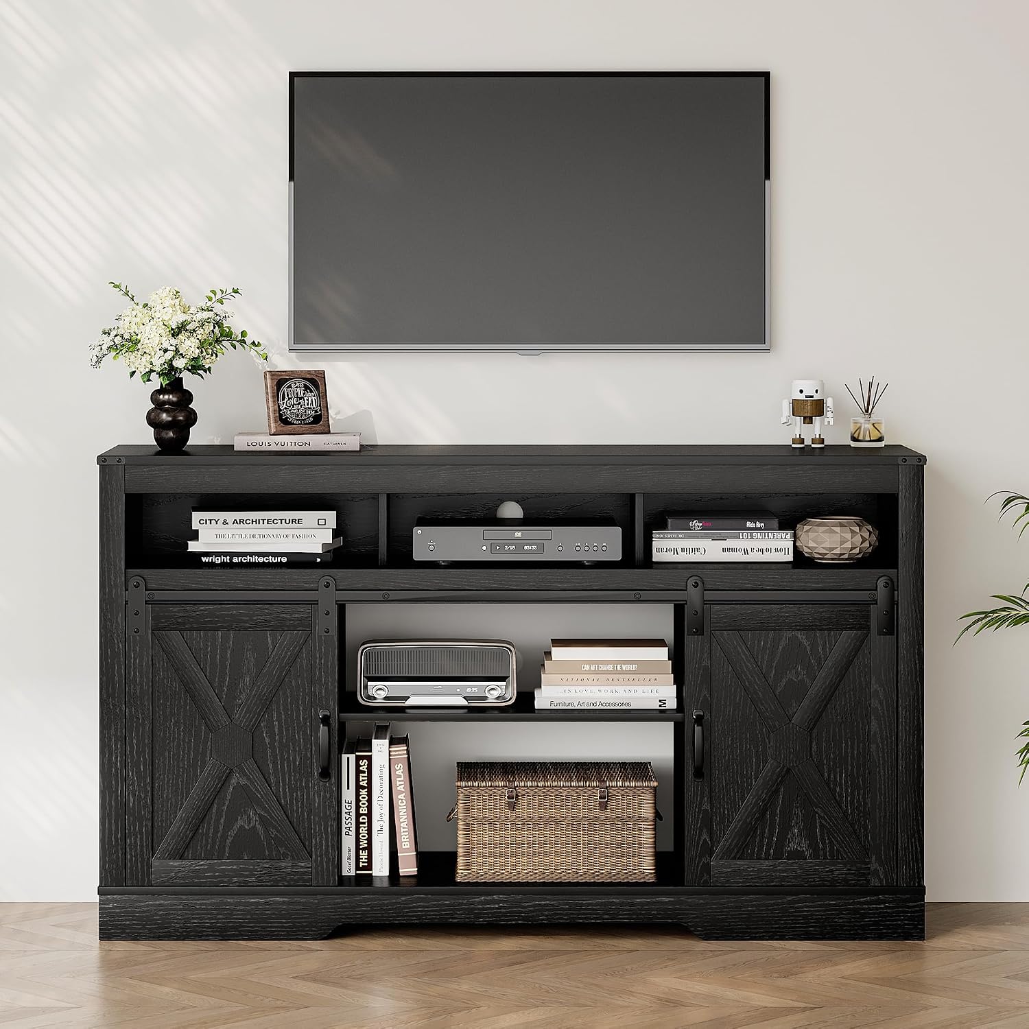 RoyalCraft Farmhouse TV Stand for 65+ Inch TV, Tall Entertainment Center with Storage Cabinets and Sliding Barn Doors, Mid Century Modern Media TV Console Table for Living Room (Rustic Black)