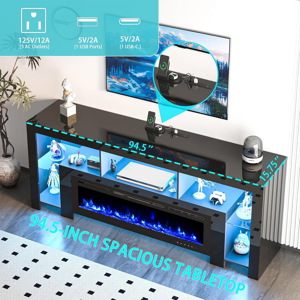94.5' Fireplace TV Stand for TVs Up to 100', Gaming LED Entertainment Center, Modern High Gloss Media Console for Living Room, Glass Shelves & Open Storage, Black（no Fireplace）