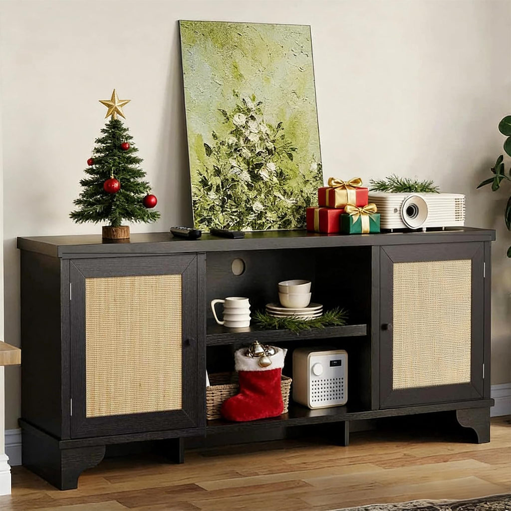 GarveeHome Rattan TV Stand for Living Room, Boho Entertainment Center for 55, 65 in TV, TV Console Cabinet with Storage Shelf, Black