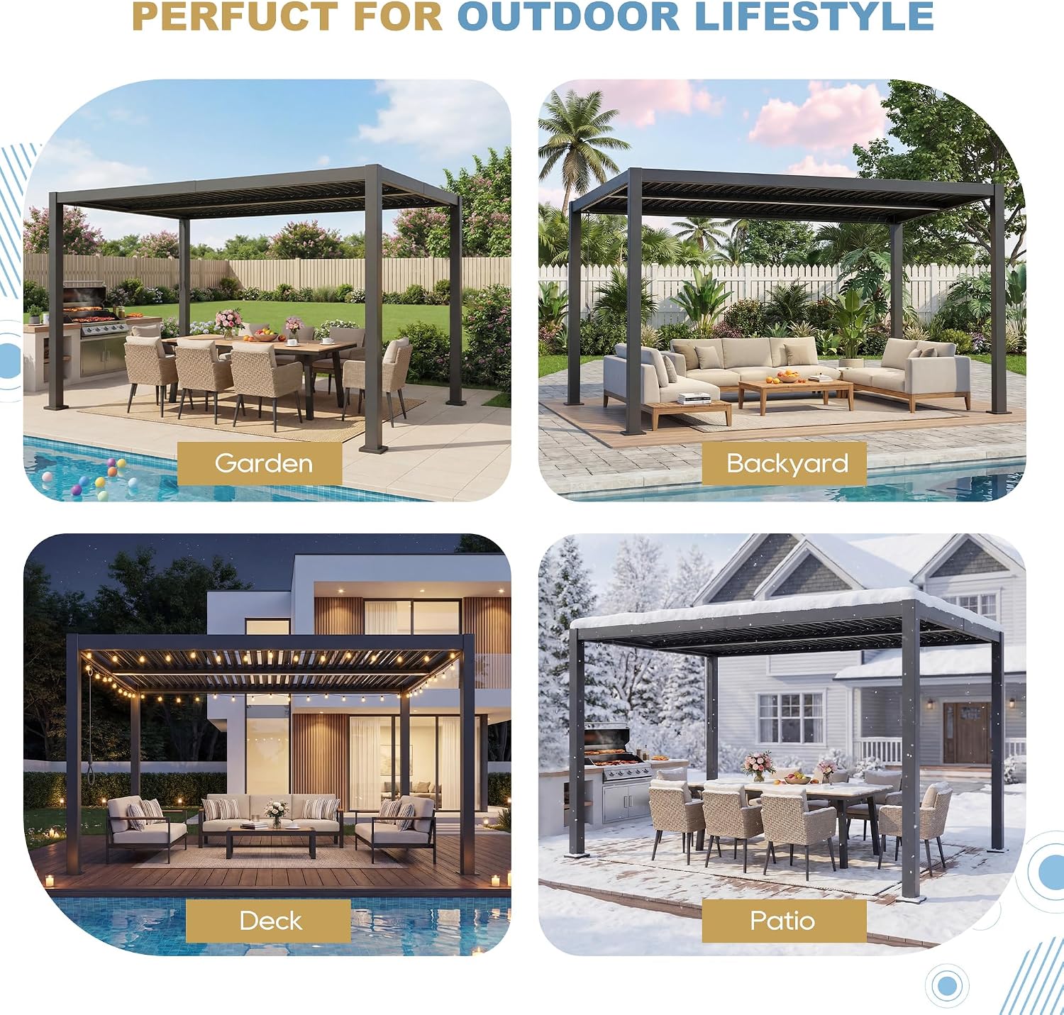 10' x 13' Aluminum Louvered Pergola with Gutter Drainage System, Outdoor Hardtop Gazebo with Adjustable Roof, All-Weather Metal Pergola for Patio, Garden, Deck(Black)