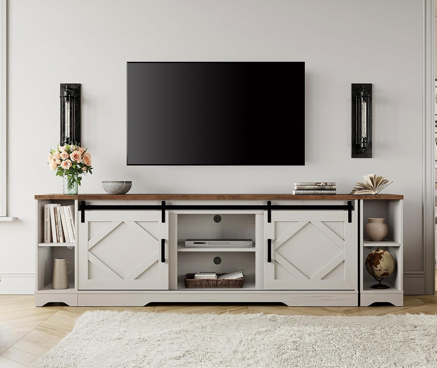 WAMPAT 3-in-1 Modern Farmhouse TV Stand for up to 95' TV, 25.6' H Wood Entertainment Center with Sliding Barn Door and Adjustable Media Storage Shelf for Living Room, Antique White