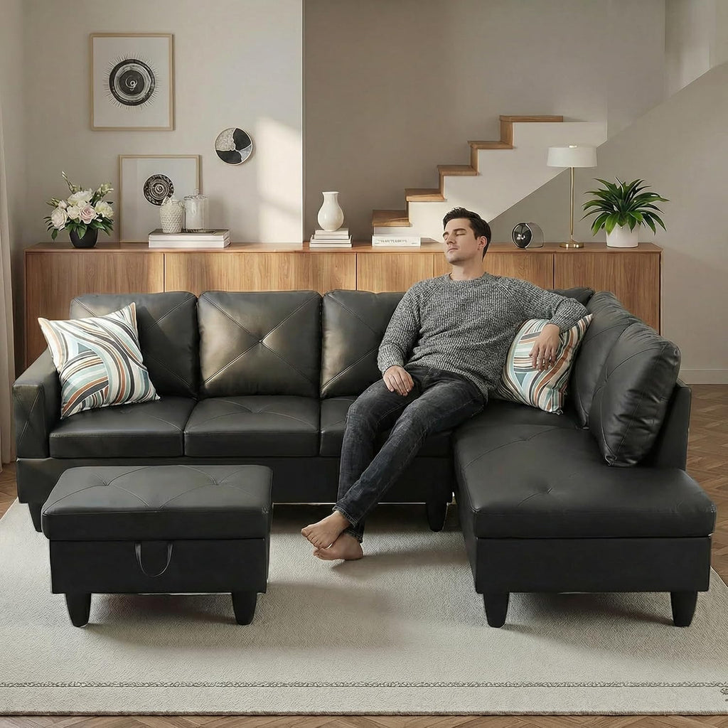 97' L Shaped Couch Set Leather, Modular Sectional Couches for Living Room with Storage Ottoman, 4 Seat Home Sofa Living Room Furniture Sets with Chaise for Apartment Office (Black)
