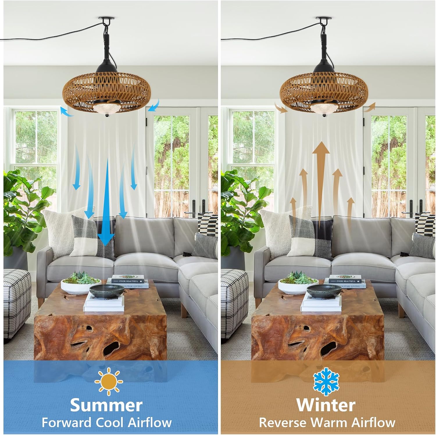 Waterproof Outdoor Ceiling Fan with Lights Remote Control, Wet Rated Gazebo Fan with 3 Color Temperatures&Dimmable LED Light, Boho Rattan Plug in Ceiling Fan for Indoor Bedroom/Outdoor Patios