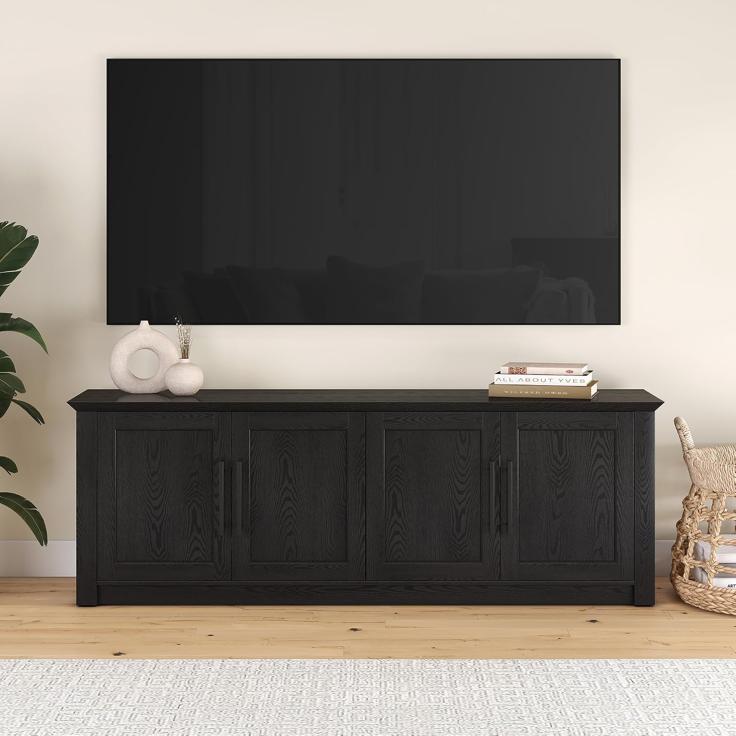 Henn&Hart TV Stand for TVs up to 78' with 2 Conceal Storage Cabinets and Adjustable Shelves for Living Room, Family Room, or Office, Natural Black