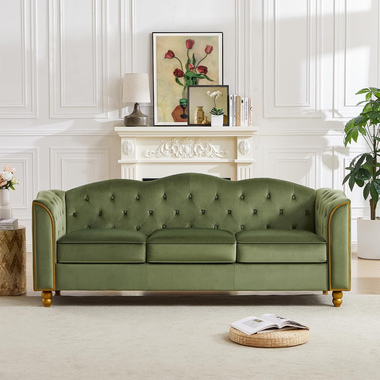 HITHOS 78' Velvet Sofa Couch, Soft 3 Seater Sofa Couche for Living Room, Button Tufted Comfy Couch Modern Sofa with Upholstered Cushion, Gold Trim, Solid Wood Legs for Dorm Bedroom Apartment, Green