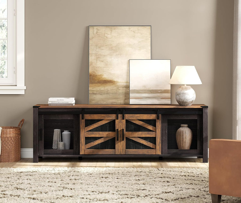 WAMPAT 70' Farmhouse TV Stand with Mesh Doors, Entertainment Center for 75' TV, Adjustable Shelves, 2 Storage Cabinets, Console Table for Living Room, Antique Brown & Black