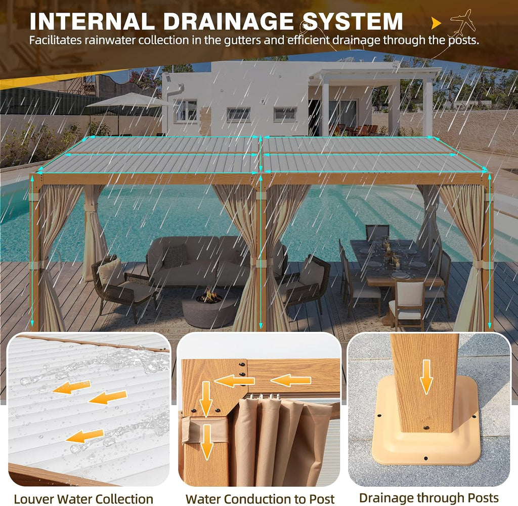 MELLCOM Louvered Pergola - 10x20, Aluminum with Adjustable Roof, Wood Grain with Waterproof Curtains and Nets