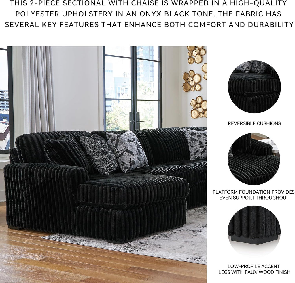 Signature Design by Ashley Midnight-Madness 2-Piece Sectional Sofa with Chaise, Faux Wood Finish Accent Legs, Fabric Upholstery, 120' W x 65' D x 40' H, Black