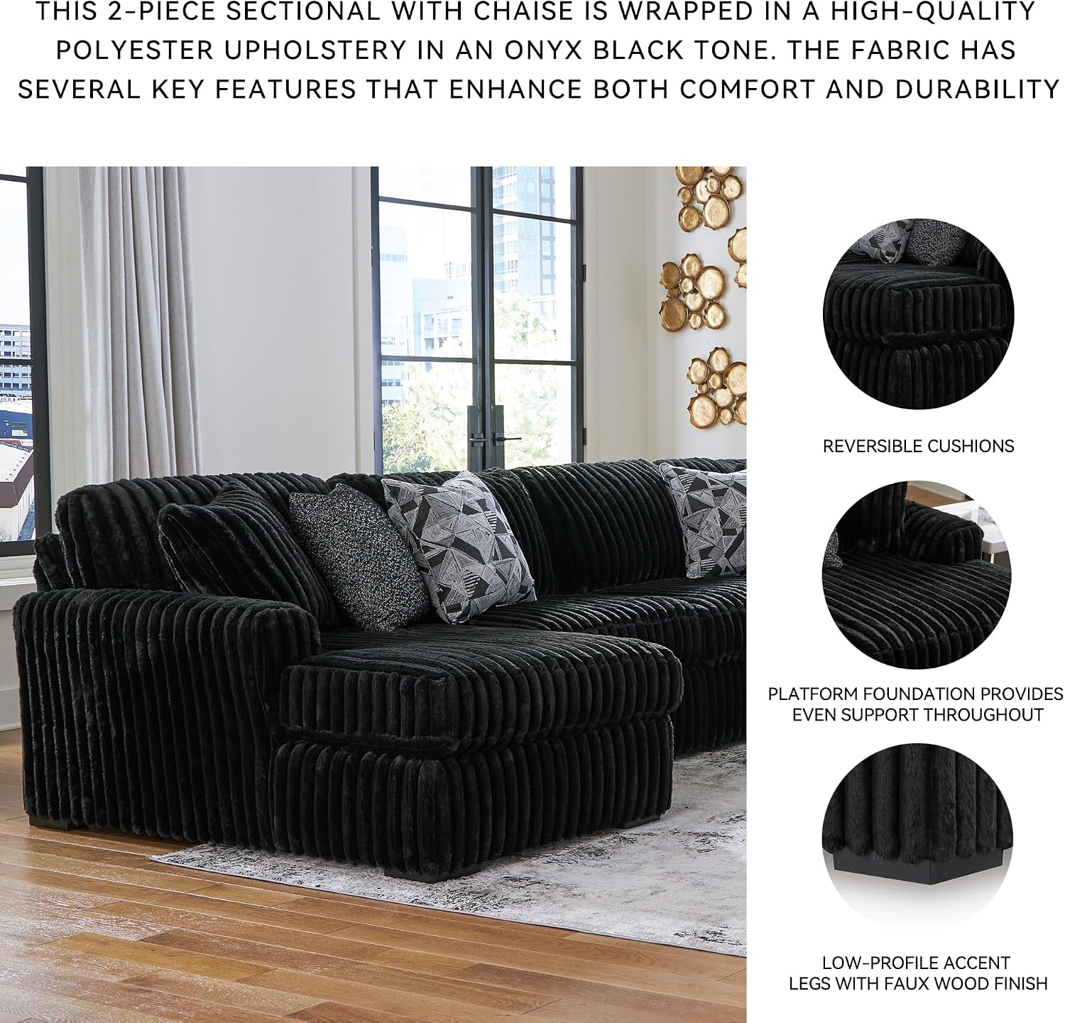Signature Design by Ashley Midnight-Madness 2-Piece Sectional Sofa with Chaise, Faux Wood Finish Accent Legs, Fabric Upholstery, 120' W x 65' D x 40' H, Black