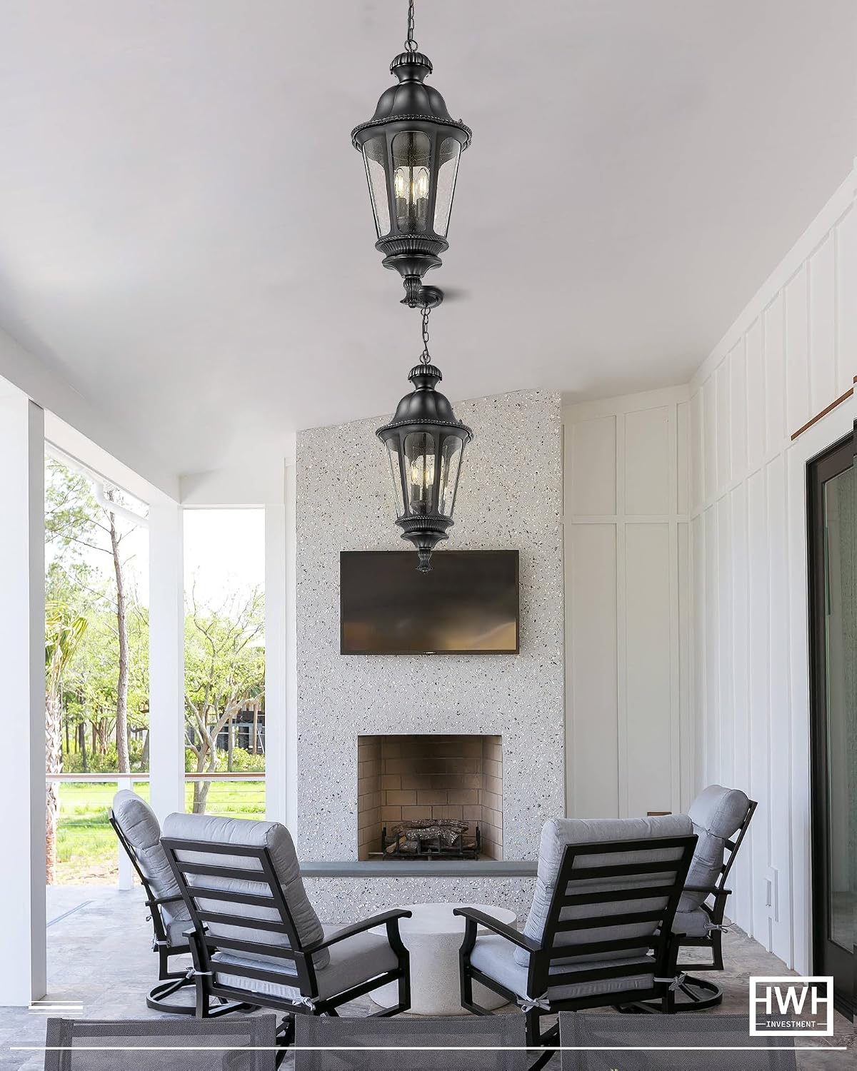 Outdoor Pendant Lights for Porch, HWH 26'' Large Exterior Hanging Light Fixtures with Seeded Glass, Outdoor Hanging Chandelier for Porch Patio Gazebo Hallway, Matte Black Finish, 5HW90H-L BK