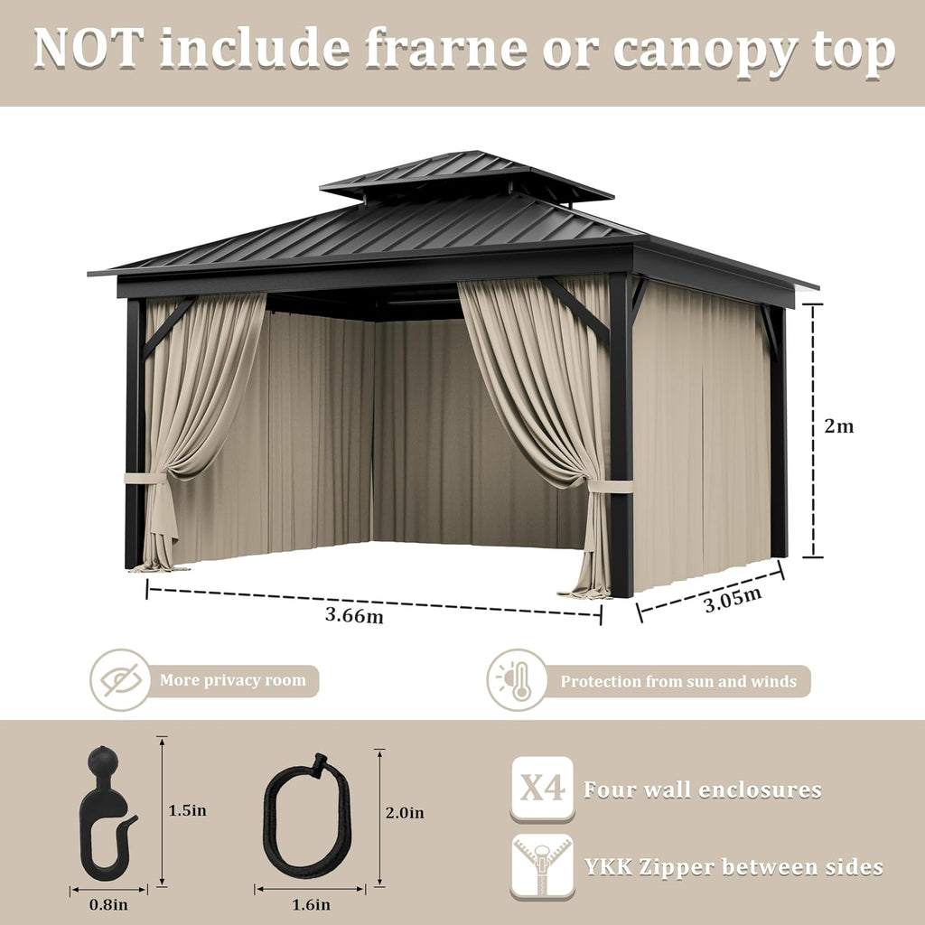 Outdoor Gazebo Curtain Replacement Universal 4-Panel Sidewalls 10' X 12',Outdoor Patio Waterproof Privacy Curtain with Double Zipper for Patio,Garden, and Backyard (Curtain Only)