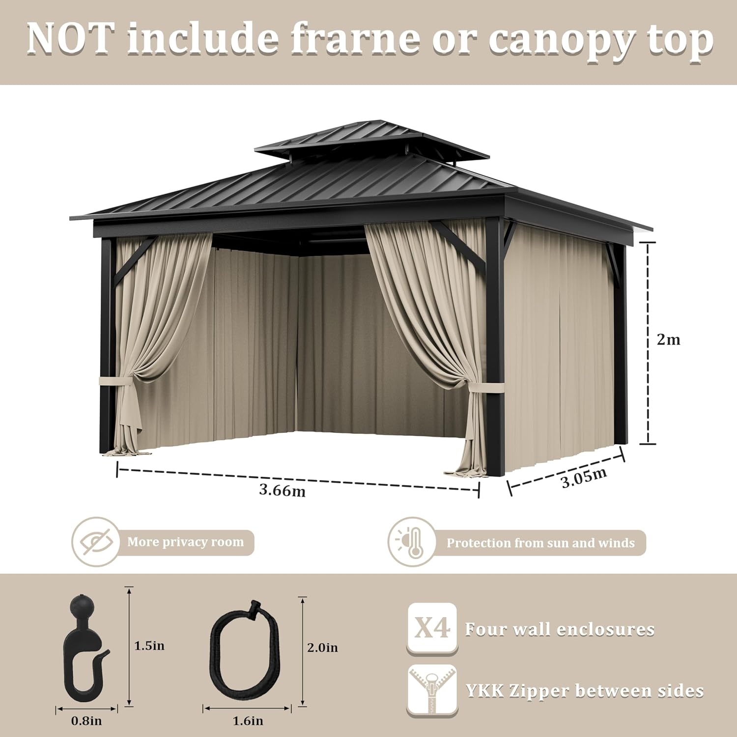 Outdoor Gazebo Curtain Replacement Universal 4-Panel Sidewalls 10' X 12',Outdoor Patio Waterproof Privacy Curtain with Double Zipper for Patio,Garden, and Backyard (Curtain Only)
