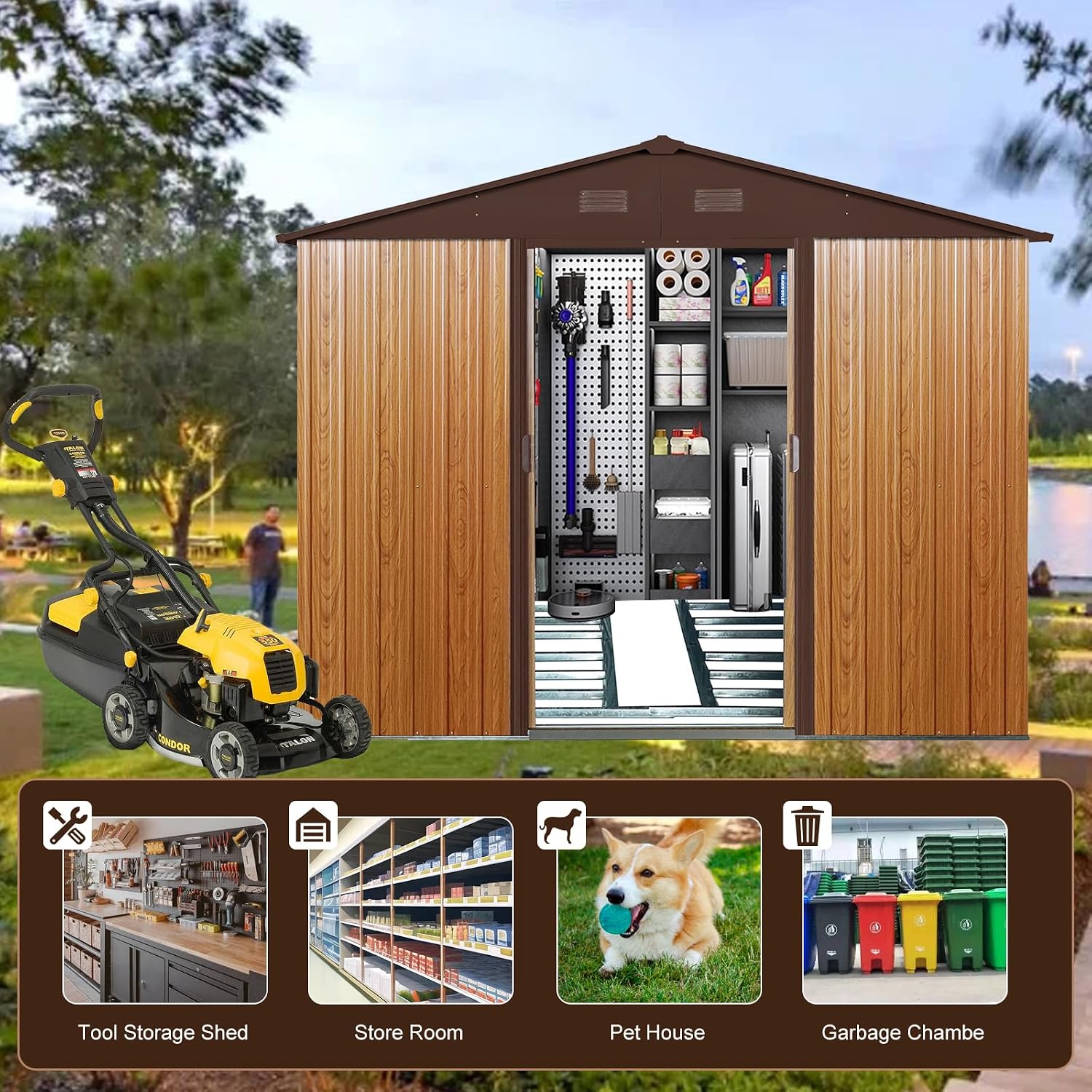 YOPTO 10×8 FT Outdoor Metal Storage Shed with Floor Base,Heavy Duty Garden Shed W/Integrated Punched Vents and Sliding Doors & Padlock,Large Waterproof Storage House for Backyard,Lawn,Coffee