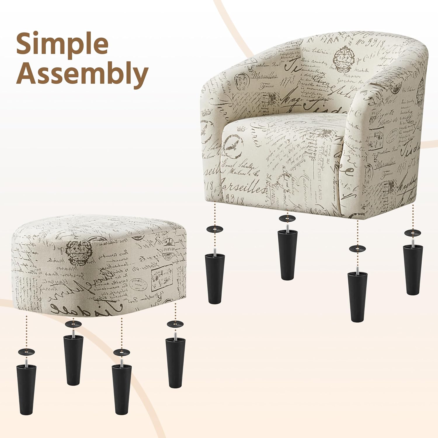 Yaheetech Modren Club Chair with Ottoman, Fabric Accent Armchair with Footstool, Upholstered Barrel Chair and Footrest for Living Room Bedroom Guestroom, Letter Print
