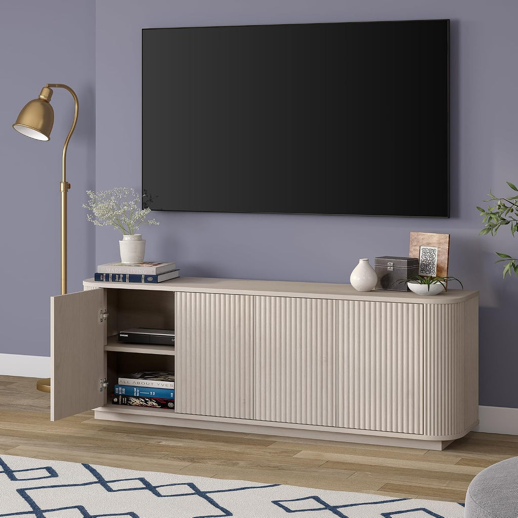 Henn&Hart Fluted TV Stand for TVs up to 75' with 2 Storage Cabinets with an Adjustable Shelf for Living Room, Family Room, or Office, Beech White