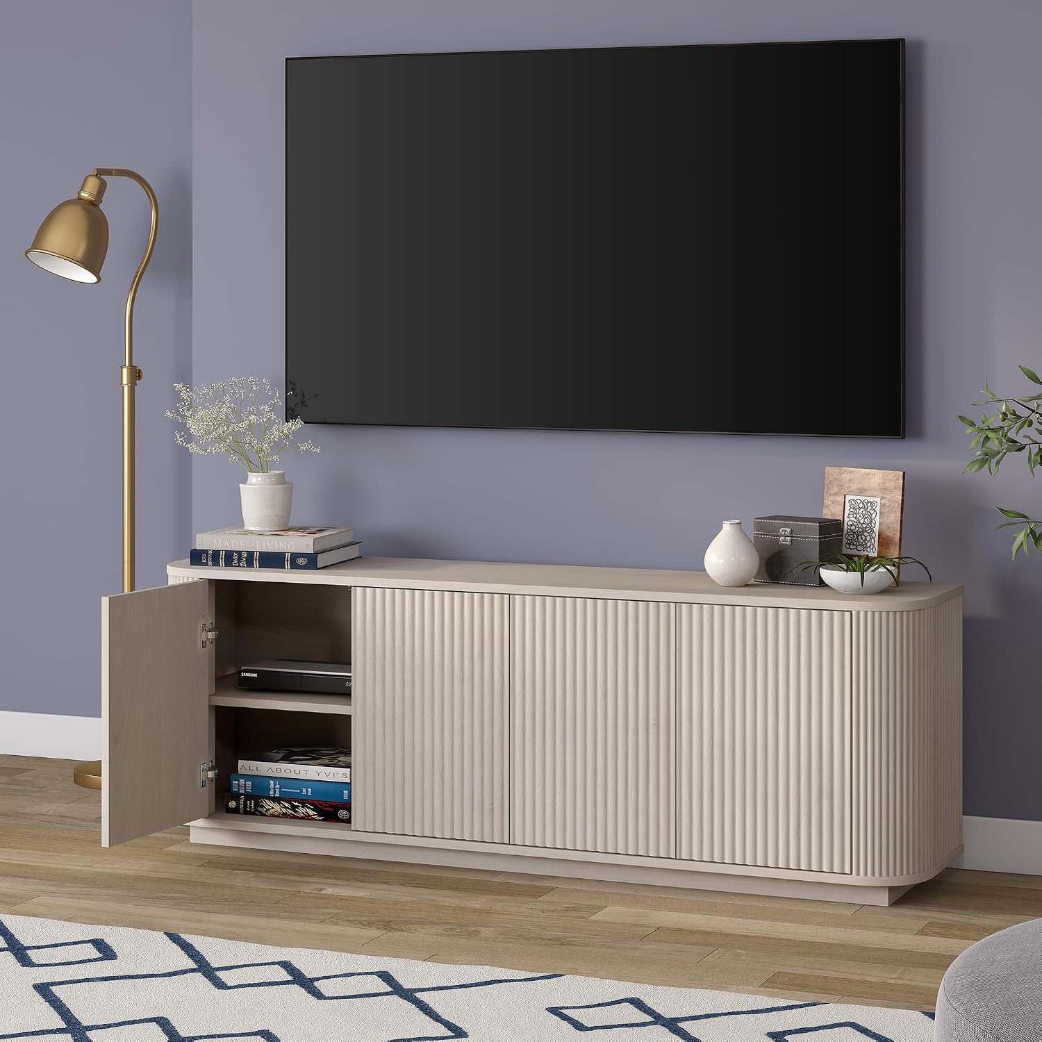 Henn&Hart Fluted TV Stand for TVs up to 75' with 2 Storage Cabinets with an Adjustable Shelf for Living Room, Family Room, or Office, Beech White