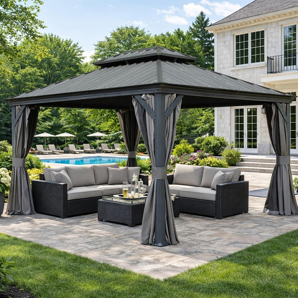 Domi 10' x 13' Outdoor Hardtop Gazebo, Upgraded Metal Gazebo with Galvanized Steel Double Roof, Heavy Duty Canopy Permanent Pavilion for Patio Lawn and Garden, Curtains and Netting Included, Grey
