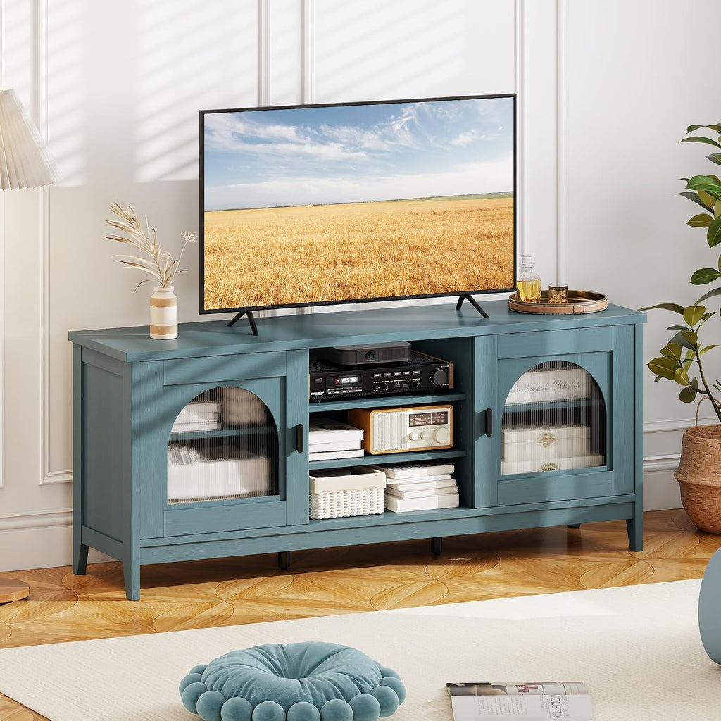 Giantex Farmhouse TV Stand for TVs up to 65', Modern Vintage Entertainment Center w/Storage, Adjustable Shelves, Cable Holes&Glass Doors, Media TV Console Table for Bedroom, Living Room (Teal Blue)