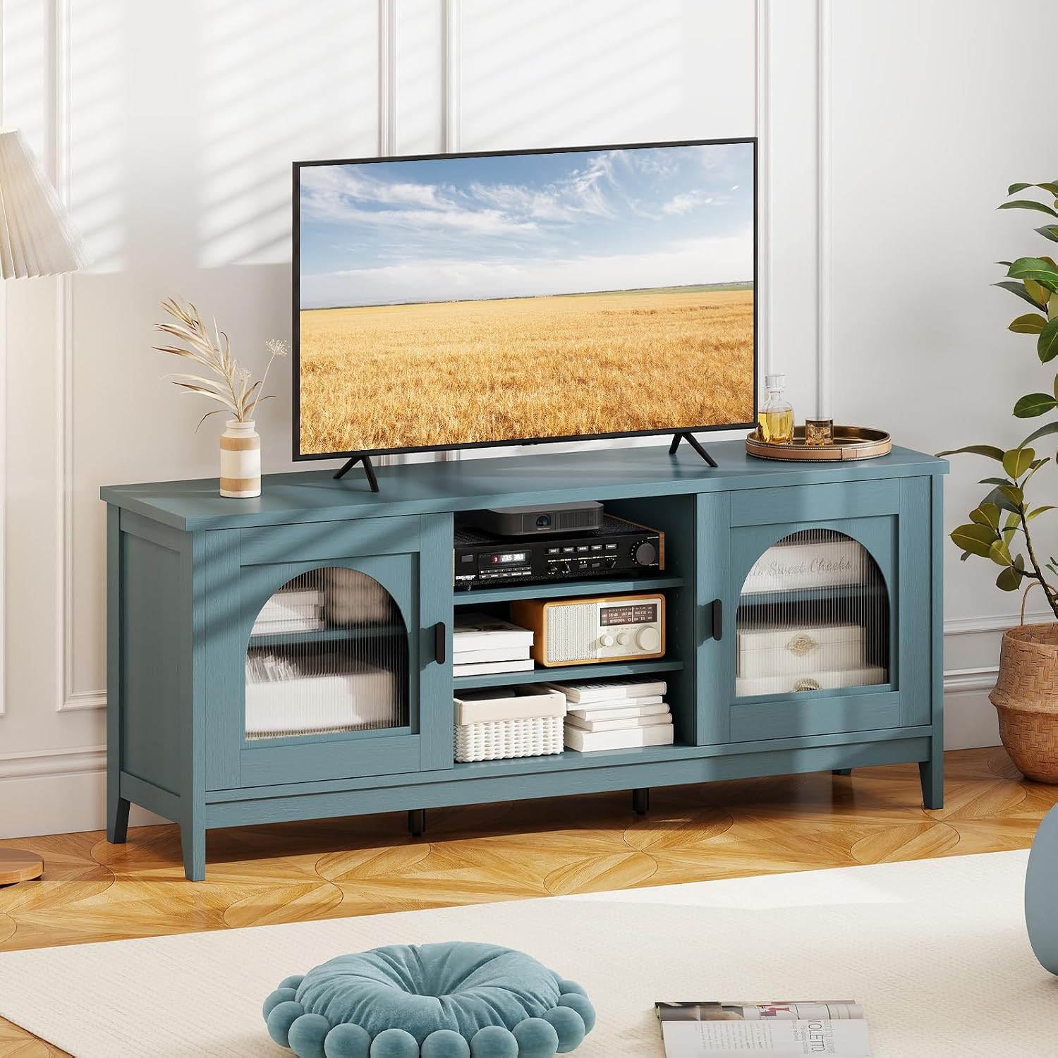 Giantex Farmhouse TV Stand for TVs up to 65', Modern Vintage Entertainment Center w/Storage, Adjustable Shelves, Cable Holes&Glass Doors, Media TV Console Table for Bedroom, Living Room (Teal Blue)
