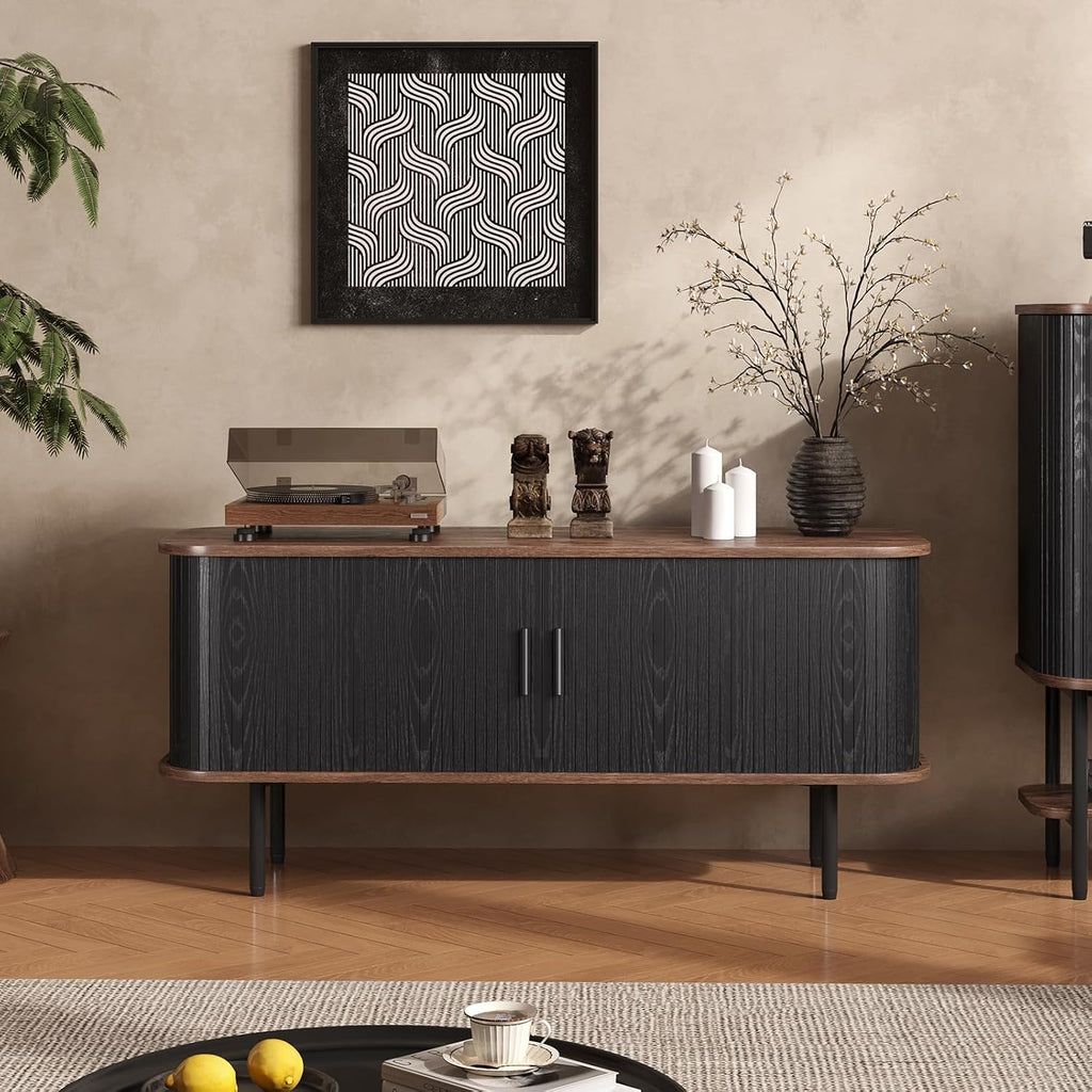 Befrases 47''W Modern TV Stand Cabinet with Storage for TVs up to 55 Inch, Fluted TV Entertainment Center with Slatted Tambour Doors, Media Console for Living Room, Entryway, Black